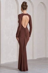 Chocolate Brown Long-Sleeve Backless Maxi Dress